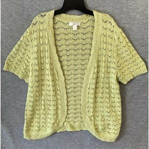 Christopher & Banks Crochet Cardigan Sweater 1X XL Green Open Front Short Sleeve